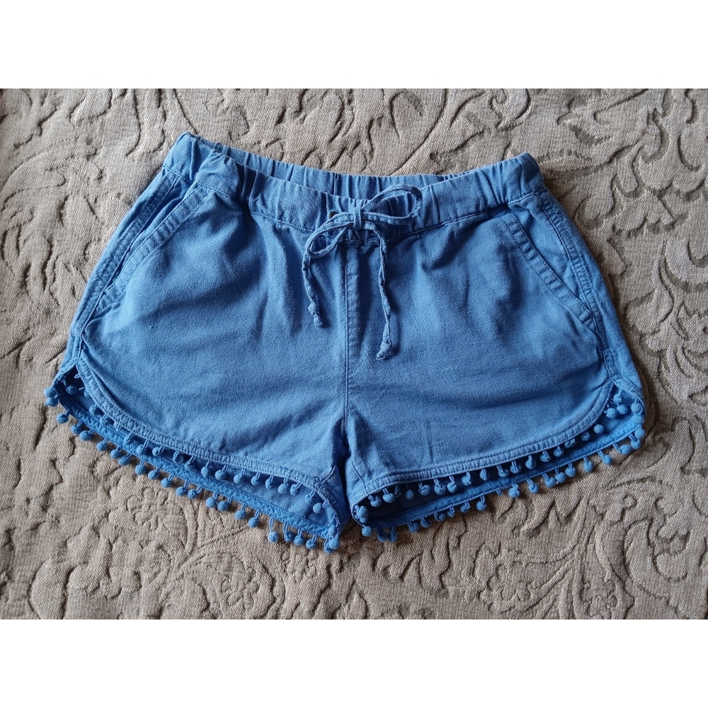 J. Crew Pom-pom Blue Linen Shorts